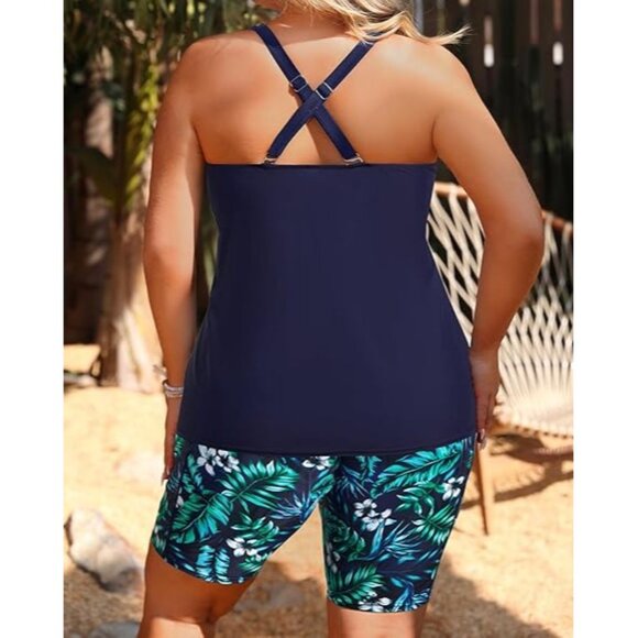 Aqua Eve Plus Size 24W Two-Piece Swimsuit High-Waisted Long Boy Shorts Pockets - Picture 6 of 11